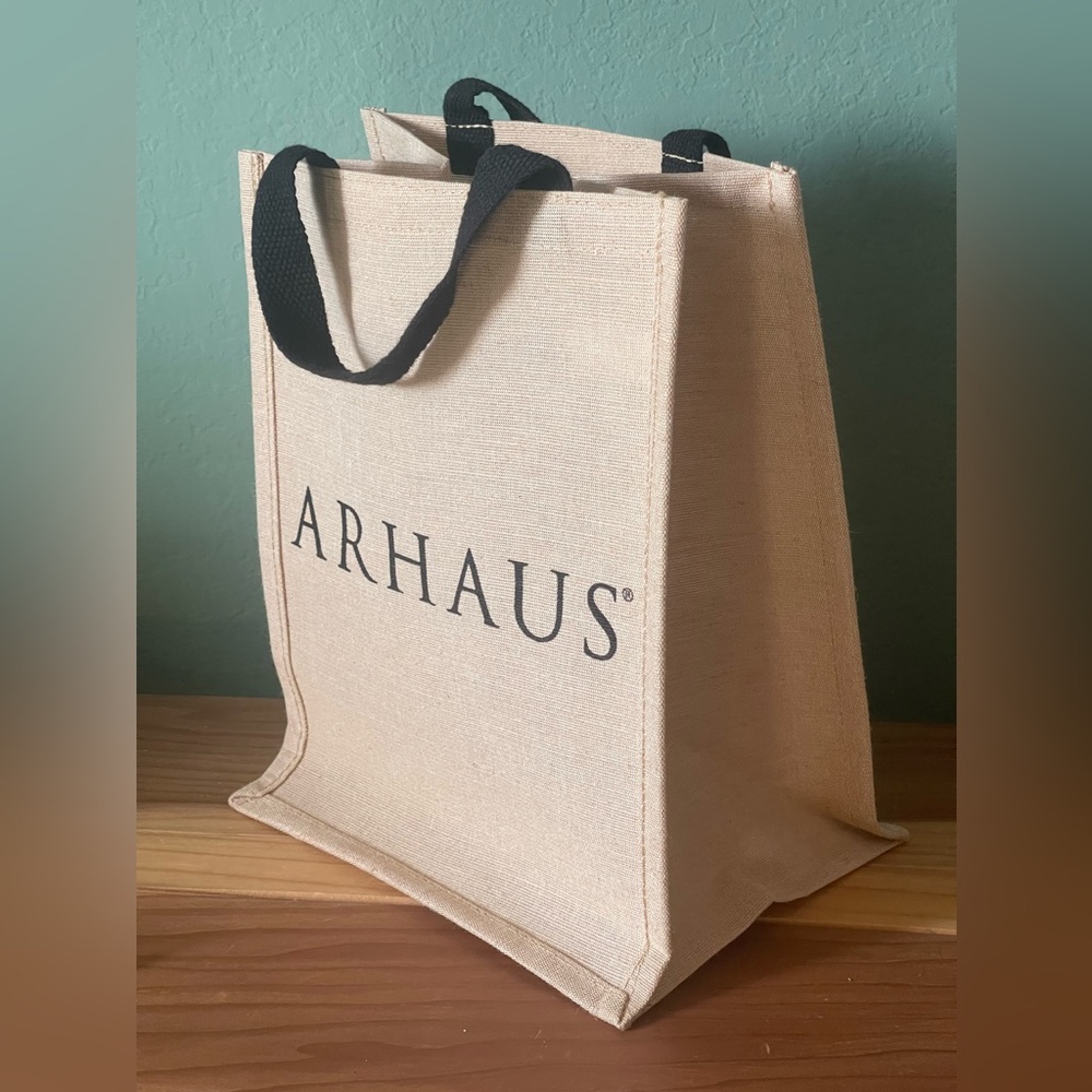 Arhaus Jute Beige Tan Black Logo  Reusable Shopping Gift Bag 13x10x7”